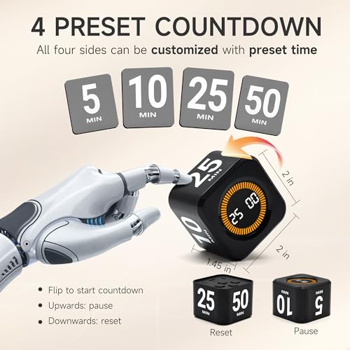 Rotating Productivity Timer, 5, 25, 10, 50 Minute Presets, Desk Cube | Gravity sensor with mute function; ADHD-friendly for work, study, kitchen and back to school - color: Black