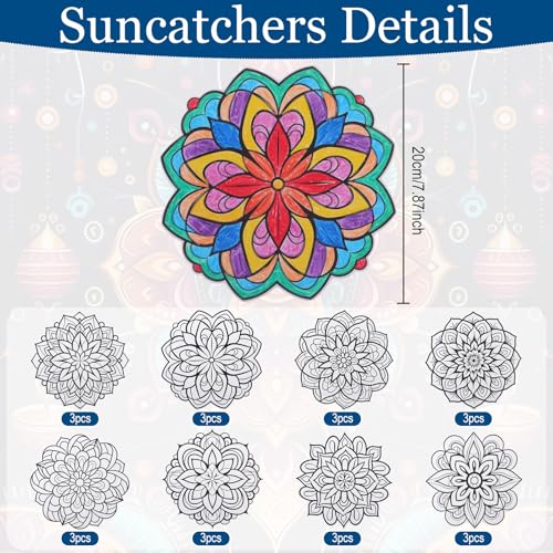 Potchen 48 Pcs Stained Glass Mandala Art Kit DIY Window Clings with Markers Color Your Own Suncatchers for Adults Hobby Teens Women Elderly Home Decor Gift (Floral) - style: Floral