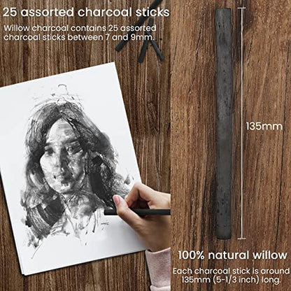 Willow Charcoal Sticks, Natural Willow Charcoal for Artists, Beginners, or Students of All Skill Levels, Great for Sketching, Drawing, and Shading, Approx 4-5mm in Diameter, Pack of 25