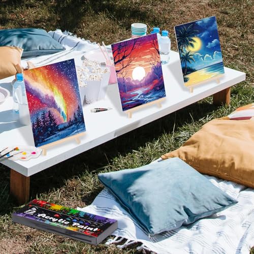 Ctosree 72 Pcs Vivid Sunset Paint and Sip Kit for Adults 8'' x 10'' Pre Drawn Canvas for Painting DIY Pre Printed Canvas for Party Favor Acrylic Painting Kit Wood Easel Brushes Date Night Bulk - style: Vivid Sunset