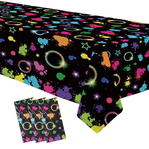 Srua Don Neon Glow Party Decorations Tablecloth, Neon Table Cover, 3 Pack | Disposable Graffiti Glow in The Dark Party Table Cloth Supplies for Birthday, 80s 90s Retro Disco, Art Parties, 55in x 86in