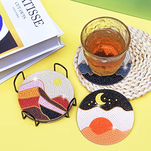 Vcekract 6 Pcs Abstract Landscape Diamond Art Coasters Kit for Adults | Diamond Painting Coasters with Holder & Protective Backing, Diamond Art Adult Crafts for Table Home Decoration - color: Abstract Landscape Coasters