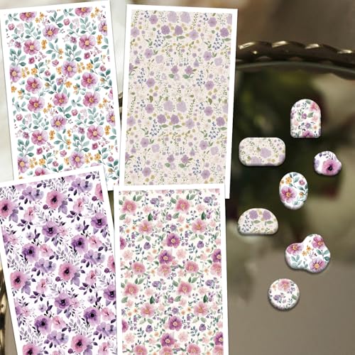OLYCRAFT 24Pcs Purple Flower Clay Transfer Paper 4 Styles Transfers Paper for Polymer Pink Flower Polymer Clay Sheets Floral Theme Small Transfer Papers for Clay Earrings Jewelry Making - style: Purple Flower
