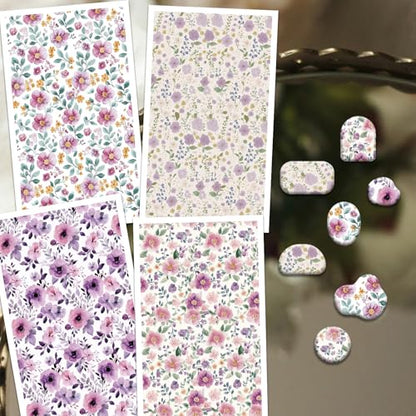 OLYCRAFT 24Pcs Purple Flower Clay Transfer Paper 4 Styles Transfers Paper for Polymer Pink Flower Polymer Clay Sheets Floral Theme Small Transfer Papers for Clay Earrings Jewelry Making - style: Purple Flower