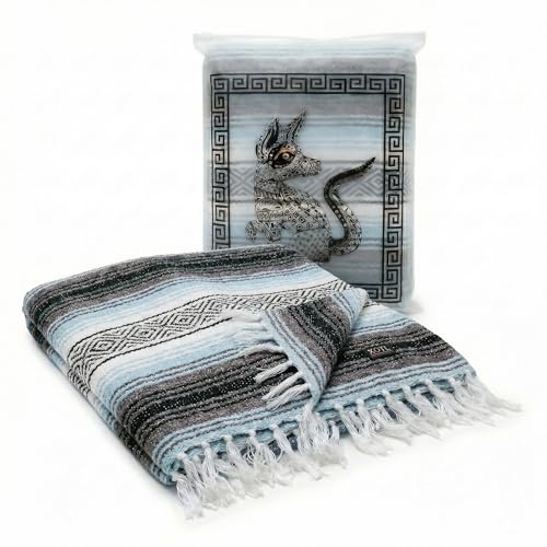 Authentic Mexican Blanket – 50x70 Handwoven Serape & Falsa Throw – Thick 2.1lb Decorative Blanket for Yoga, Beach, Camping & Home Decor (Misty Sky) - color: Misty Sky