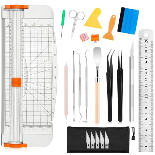 Famomatk 23PCS Weeding Tools for Vinyl, Craft Weeding Tools Set with 12Inch Paper Cutter and Trimmer for Scrapbooking,Silhouettes,Cameos,Lettering,Cutting,Craft Paper, Labels and Cardstock(White) - color: White