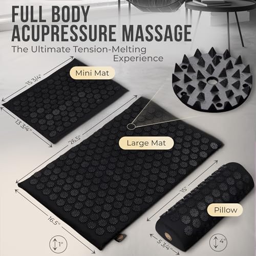 Acupressure Mat and Pillow Set with Mini Pad – Full Body Pain Relief | Mini pad targets hard-to-reach areas like feet, hands and neck for precise pressure relief - color: Black