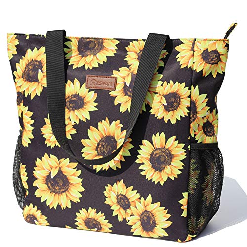 ESVAN Original Floral Water Resistant Large Tote Bag Shoulder Bag for Gym Beach Travel Daily Bags Upgraded - color: [N] Sunflower