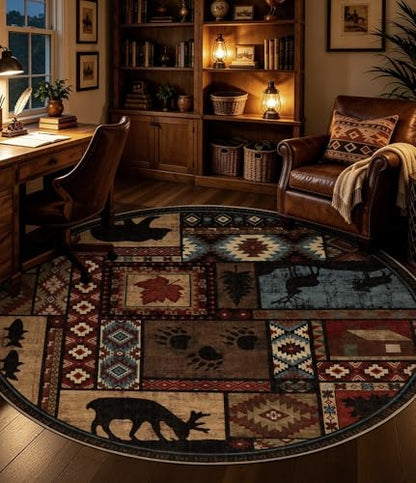 YIHOUSE Washable Rustic Cabin Round Rug, 4ft - color: Brown, size: 4' (Round)