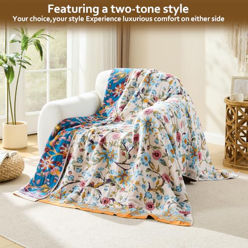VANJOROY Boho Throw Blanket, 100% Organic Cotton Breathable Skin-Friendly Ultra Soft 50" x 60" Bed Quilt Throw - Floral Rustic Decor Luxury Reversible Blanket for Sofa Couch Chair and Gift, - color: K-boho-floral, size: Throw (50" X 60")