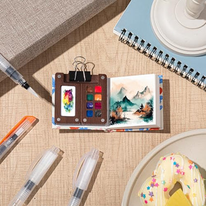 Qilery Mini Portable Watercolor Palette Set Wooden Grid Paint Box Watercolor Paper Sketch Book Brush Pens with Binder Clip for Painters Artist Not Include Paint(Azalea) - style: Azalea