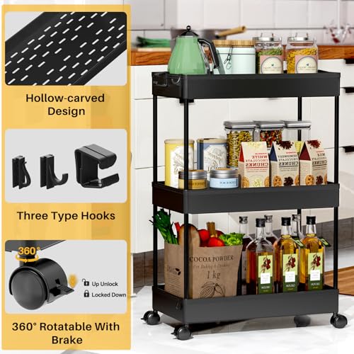 SPACEKEEPER 3 Tier Rolling Cart, Bathroom Cart Organizer with Wheels, Black - color: Black, size: 3 Tier