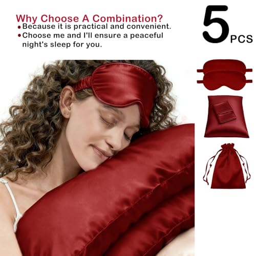 5Pcs Silky Sleep Mask Eye Masks Breathable Soft Satin Pillowcases Set for Sleeping Similar to Silk Pillowcase Travel Gift - color: Dark Red-queen Size