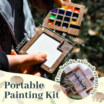 Funto Travel Watercolor Paint Set, All-in-One Premium Walnut Wood 15-Grid Pocket Kit with Refillable Paint Tubes, Crossbody Bag, Water Brush, Drawing Pencil & Sketchbook – Ideal for Serious Artists and Beginners - color: 15-Wood