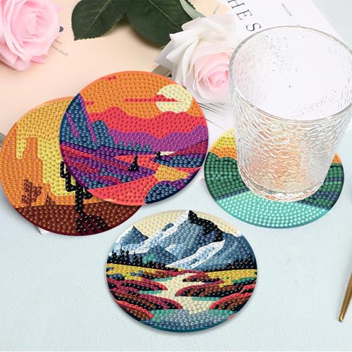 Mrnsiet 8PCS Landscape Diamond Art Coasters with Holder, DIY 5D Small Wooden Diamond Painting Coasters for Adults, Non Slip Mosaic Dot Painting Coaster with Cork Pads for Beginners 4x4 Inch - color: BDWY419-US