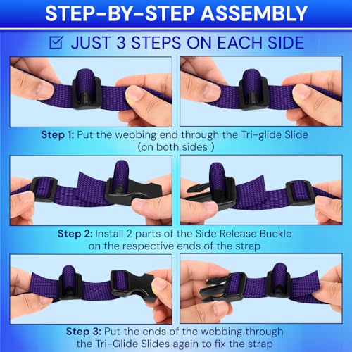 TECEUM 1" Nylon Strap Kit with Buckles, Dark Purple 6 yards Repair Set | Heavy duty hardware kit: 6yd webbing, 6 quick release buckles, 12 tri-glide slide clips, 6 metal D-rings for crafting. - color: Dark Purple, size: 1" - 6 yards, style: 6 Buckle - 12