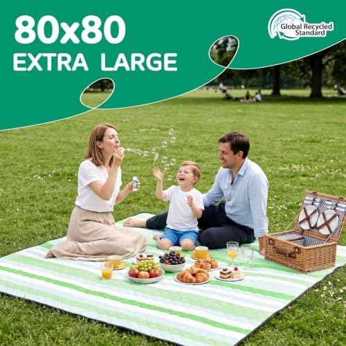 RYCHIC Waterproof Picnic Blanket Beach Mat Outdoor Outside Carpet Thick Rug Towel Kids Activity Playmat Oversized Cute Match Table Bag Set Ground Cover Park Lawn Summer Vacation Essential - color: Multi Green