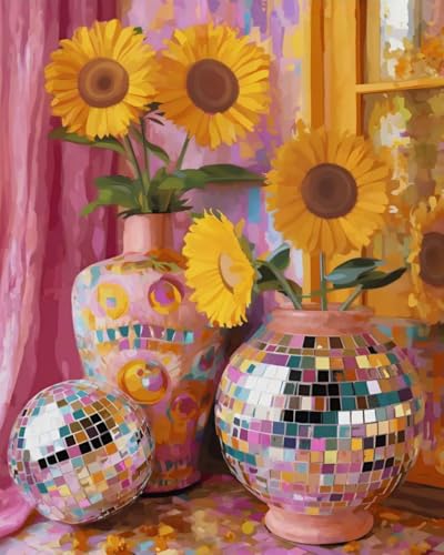 GEEHEIY Paint by Numbers Kit for Adults, Disco Sunflower Vase, 16 x 20 Inch | DIY Adult Paint by Number Kit on Canvas for Beginners, without Frame, Colorful Floral Wall Decor, Stress Relief Craft Gift - color: TRTDNF1P405