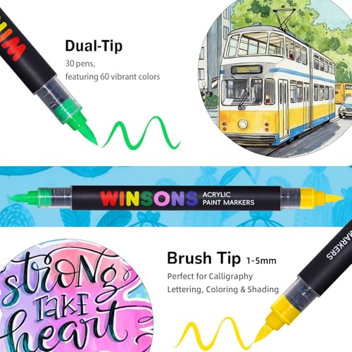 WINSONS 60 Colors Dual Tip Art Markers Set, Auto Ink-Flow Markers for Drawing, Illustration, Manga Coloring, Sketching Coloring Books - color: 60 Colors