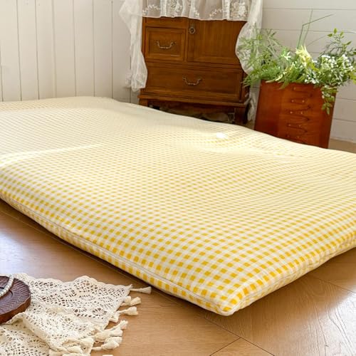 Yellow Gingham Japanese Floor Mattress Futon Cover, Queen - color: Yellow Gingham, size: Queen