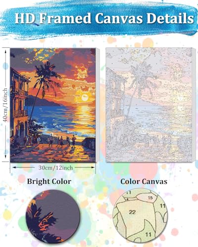 TOCARE Framed Paint by Numbers Kit for Adults, 12x16Inch Hawaii Sunset Paint by Numbers with Frame, Beach Adult Paint by Number Framed Canvas Nature Scenery(Without Easel) - color: TC-F-207