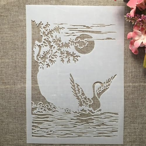 TIAMECH A4 Reusable Swan Lake Stencil for Painting | Spread Wings Swan Moon Layering Template, DIY Wall Art, Wood Furniture, Scrapbook & Crafts (8.3x11.7inch) - style: Swan Lake