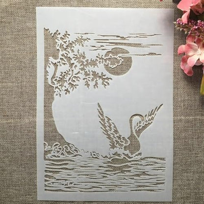 TIAMECH A4 Reusable Swan Lake Stencil for Painting | Spread Wings Swan Moon Layering Template, DIY Wall Art, Wood Furniture, Scrapbook & Crafts (8.3x11.7inch) - style: Swan Lake
