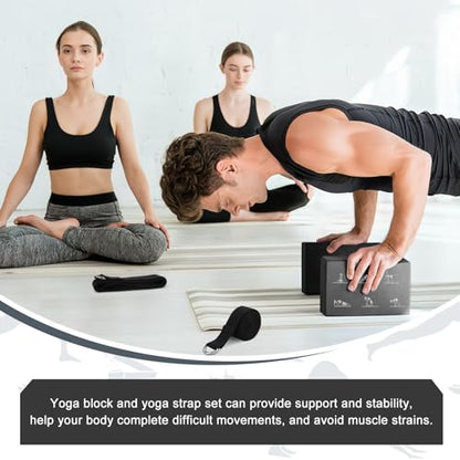 RETON Yoga Blocks Set with Straps, High Density Yoga Bricks, Lightweight EVA Foam Pilates Block, 2 Yoga Blocks with 2 Straps for Yoga, Pilates, Fitness, Stretching and Toning - color: Black