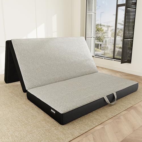 ROXGOX Memory Foam Trifold Mattress, Full Portable Floor Bed 4 Inch, Foldable Mat with Washable Cover, Handle & Non-Slip Bottom, for RV, Travel, Camping, Yoga, 73"x52"x4", Grey - size: Full, style: 4 Inch-Grey