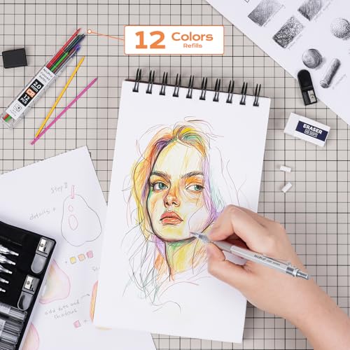 Nicpro Metal Mechanical Pencil Set 5 PCS Art Drafting Pencils For Sketching | 0.3, 0.5, 0.7, 0.9 mm & 2mm Graphite Lead Holder For Drawing With 9 Tubes (4B 2B HB 2H Colors) Lead Refills Erasers Case - color: Silver, style: 0.3 0.5 0.7 2.0