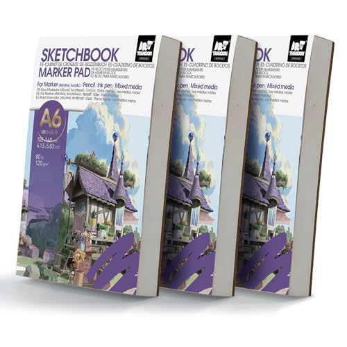 TRANSON 3 Pack A6 Mini Sketchbook Marker Pad, 80lb/120gsm Heavyweight Art Paper, No Bleed Through, 100 Sheets/200 Pages 4.13"x5.83" for Drawing & Sketching - size: 3 PACK A6 120gsm