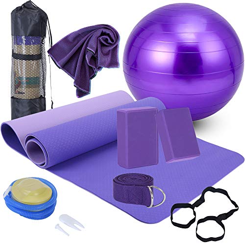 Yoga Starter Kit - 11-Piece Set with Yoga Blocks, Strap, Ball, Mat, Carrying Strap, Net Bag, Cooling Towel - color: Purple