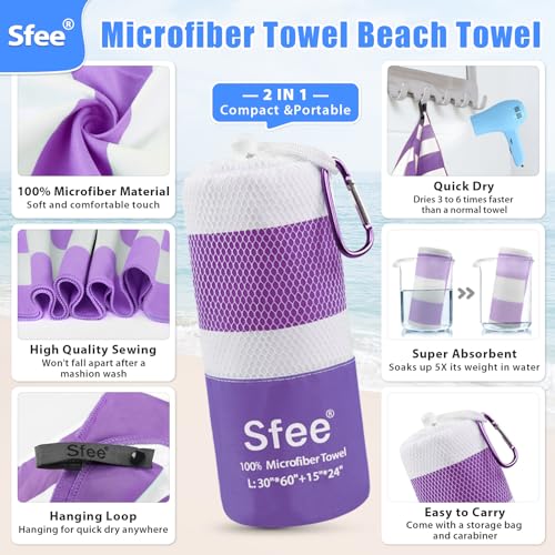 Sfee 2 in 1 Microfiber Beach Towel, Quick Dry Towel Camping Travel Towel Super Absorbent Compact Lightweight Sports Towel Gym Towels Set for Beach, Gym, Hiking, Pool, Backpacking, Bath, Yoga - color: Purple Stripe, size: L 60"x30"+24"x15"
