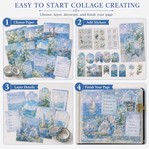Diuhofart Sea Sketchbook Scrapbooking Kit, 128 Pcs Journal Set | Includes A6 notebook, blue coastal papers, PET stickers, washi tape and ephemera for journals, cards and memory books. - color: Sea Sketchbook
