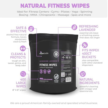 Wipex Gym Wipes for Equipment Bundle, EWG Verified, Get 800 Wipes with (1) Lavender Bucket & (1) Plant-Based Refill Roll, Clean Surfaces & Mats, Safe Gym Cleaner - size: 400 Count (Pack of 2), style: Bundle: Lavender Bucket & Refill