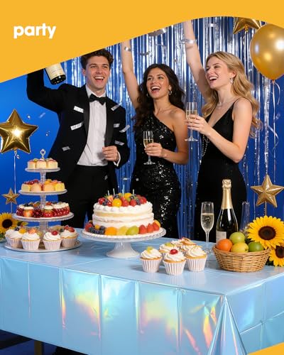 Niuara Iridescent Blue Plastic Table Cloth Disposable, 4 Pack, 54 x 108 in | Rectangle, 6 ft Tables, Birthday Party, Holiday Gathering - color: Iridescent Blue, size: 54" x 108" - 4 Packs