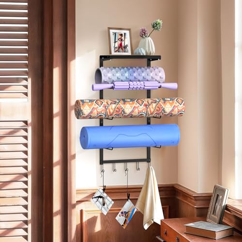 Yoga Mat Holder Wall Mount, 4-Tier Yoga Mat Holder with Shelf