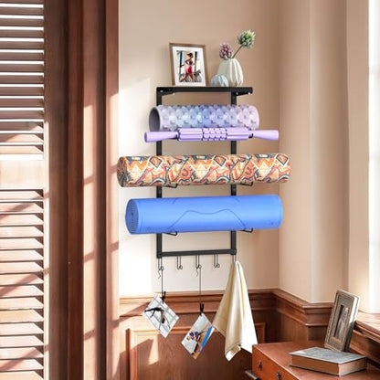 Yoga Mat Holder Wall Mount, 4-Tier Yoga Mat Holder with Shelf
