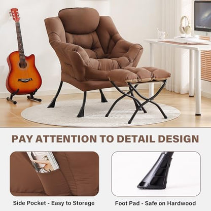 Tiita Lazy Chair with Ottoman, Comfy Reading Accent Chair, Brown | Foldable Footrest, Padded Seat and Backrest, Side Pocket for Lounging in Living Rooms, Bedrooms, Dorms and Small Spaces - color: Peach Skin Brown