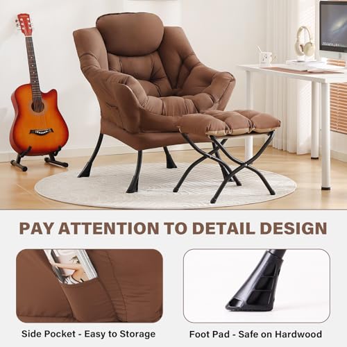 Tiita Lazy Chair with Ottoman, Comfy Reading Accent Chair, Brown - color: Peach Skin Brown