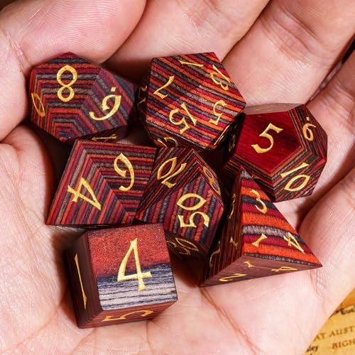 Wood DND Dice Set Orange Striped Wood Dice Set for D&D Tabletop Game - color: Red Orange Grey Striped