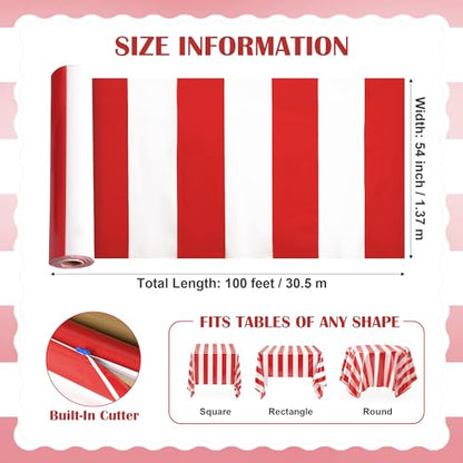 100FT x 54IN Carnival Red & White Striped Tablecloth Roll with Cutter Box | Heavy Duty Disposable Platic Table Cover Wall Backdrop, Cut-to-size for Booths Parties Backdrops - color: Red and White Stripe, size: 1200" x 54" (Rectangular)