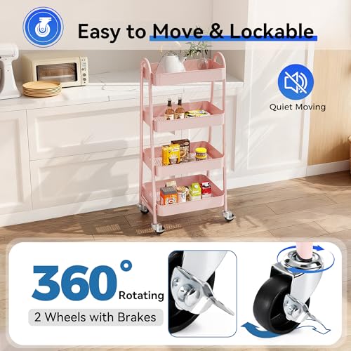 OLIXIS Metal 4 Tiers Rolling Storage Utility Cart with Lockable Wheels - color: Pink, size: 4-Tiered 18 inches