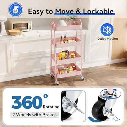 OLIXIS Metal 4 Tiers Rolling Storage Utility Cart with Lockable Wheels - color: Pink, size: 4-Tiered 18 inches