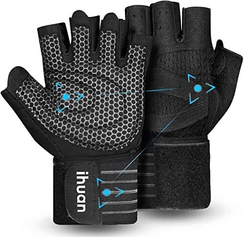 ihuan Ventilated Weight Lifting Gym Workout Gloves with Wrist Wrap Support for Men & Women, Full Palm Protection, for Weightlifting, Training, Fitness, Hanging, Pull ups - color: Black, size: Small