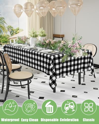 Smiry 8 Packs Gingham Disposable Table Cloth, 54 x 108 Inch Waterproof Plastic Tablecloth, Rectangle Black and White Checkered Table Covers for Picnic, Birthday, Party - color: Black and White, size: 54"x108" (Pack of 8)