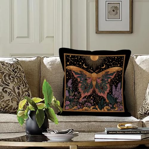 Boho Mystical Moth Floral Throw Pillow Covers 18x18 Home Decor | Dark Cottagecore Moon Gothic Witchy Butterfly Decorative Pillow Covers for Bedroom Living Room Decor, Moth Gifts for Women - color: Moth-1