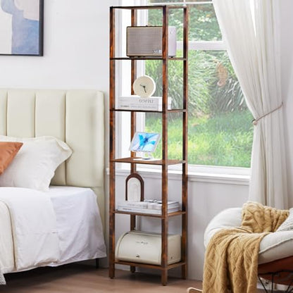 YUFAM 6 Tier Tall Skinny Bookshelf, Narrow Bookcase, Wooden Shelf, Brown - color: Brown, size: 6-Tier