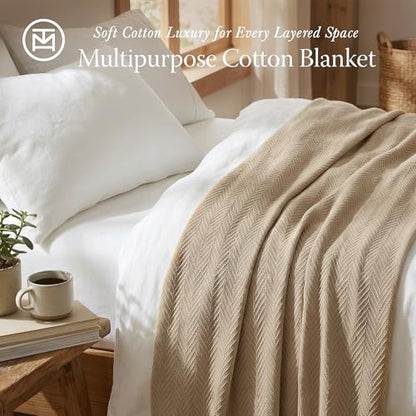 Threadmill Luxury 100% Cotton Twin Herringbone Blanket, Beige - color: Beige, size: Twin (68" x 92")
