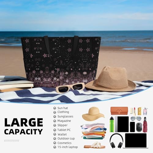 Large Beach Bag for Women Waterproof Foldable Travel Shoulder Tote Bag with Pocket for Weekender Pool Vacation - color: Floral Black
